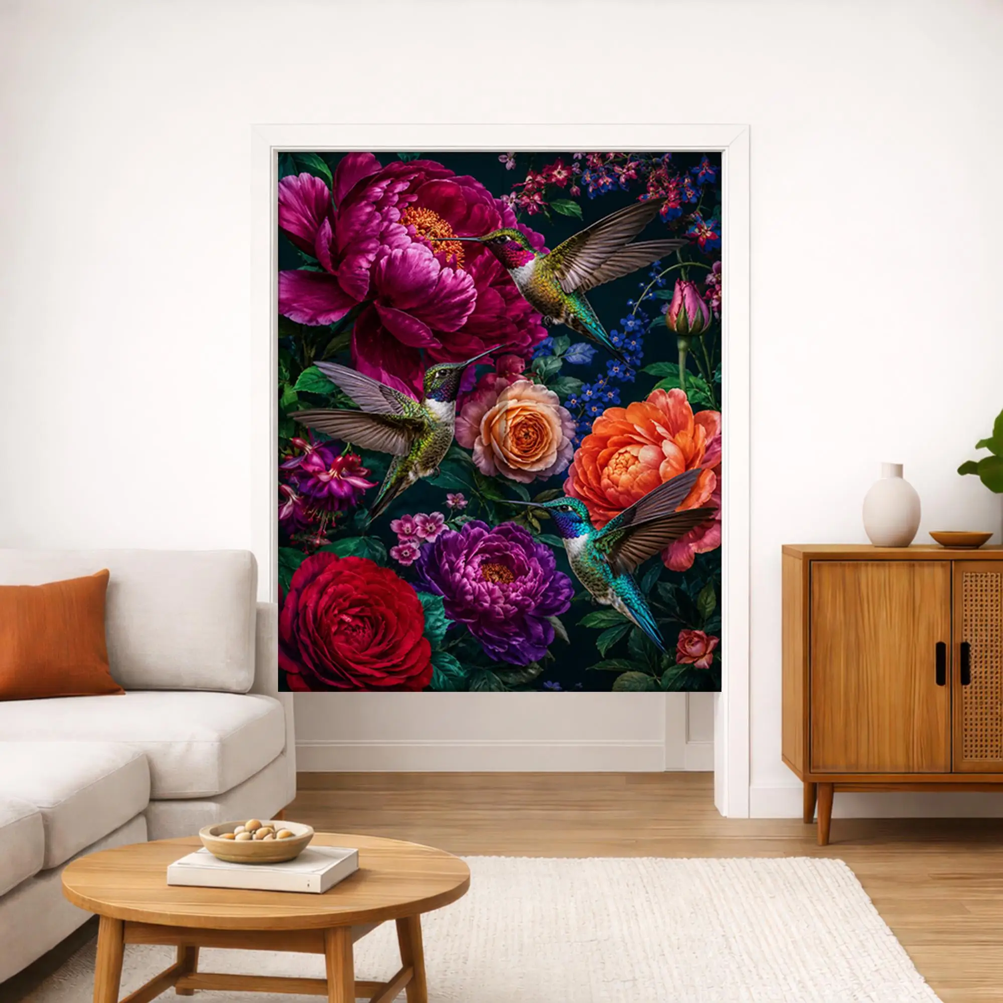 Vibrant Floral Peacock Hummingbird Print Decorative Room Curtain Door Screen for Home Interior Decor