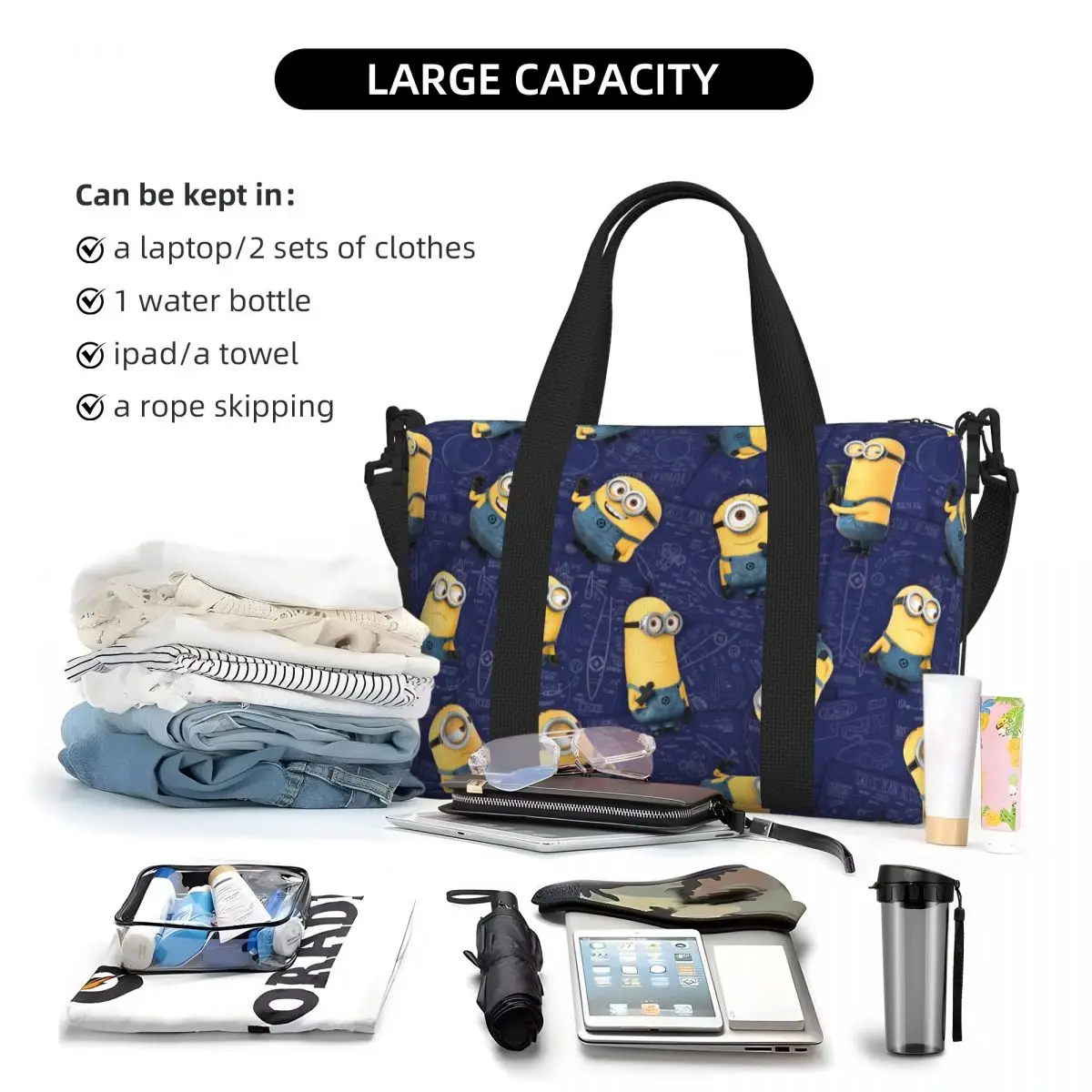 Custom M-Minions Emotions Beach Tote Bag for Women M-Minions Large Compartment Gym Beach Travel Bags