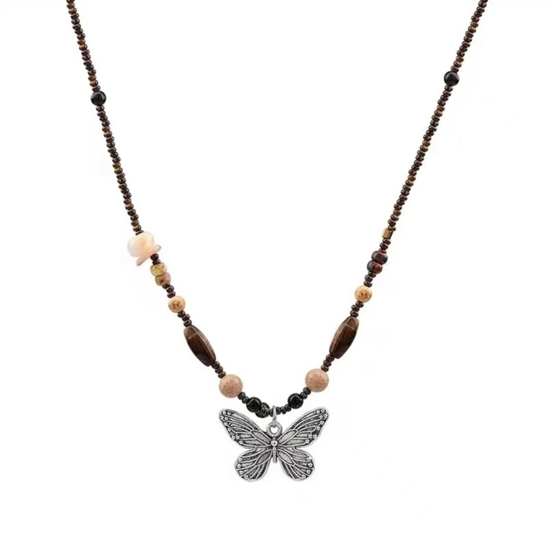 Butterfly Pendant Necklace Handmade Bohemian Seed Bead Natural Stone Necklace