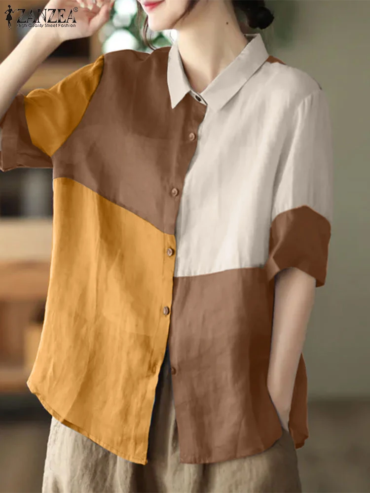 

Летняя винтажная рубашка ZANZEA, модная цветная Лоскутная Блузка с отложным воротником и коротким рукавом, женские топы, повседневные свободные рабочие блузы для женщин