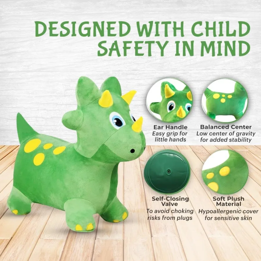ぬいぐるみグリーン恐竜バウンス乗用玩具、ポンプ付きインフレータブルホッパー、幼児用おもちゃ、屋内外遊びに最適、安全で柔らかいデザイン