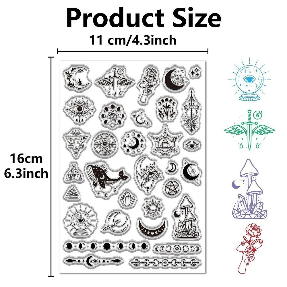 2 Styles Divination Rubber Stamps Moon Phase Transparent Stamps Gothic PVC Reusable Magic s Hand Vintage Clear Stamp Seals