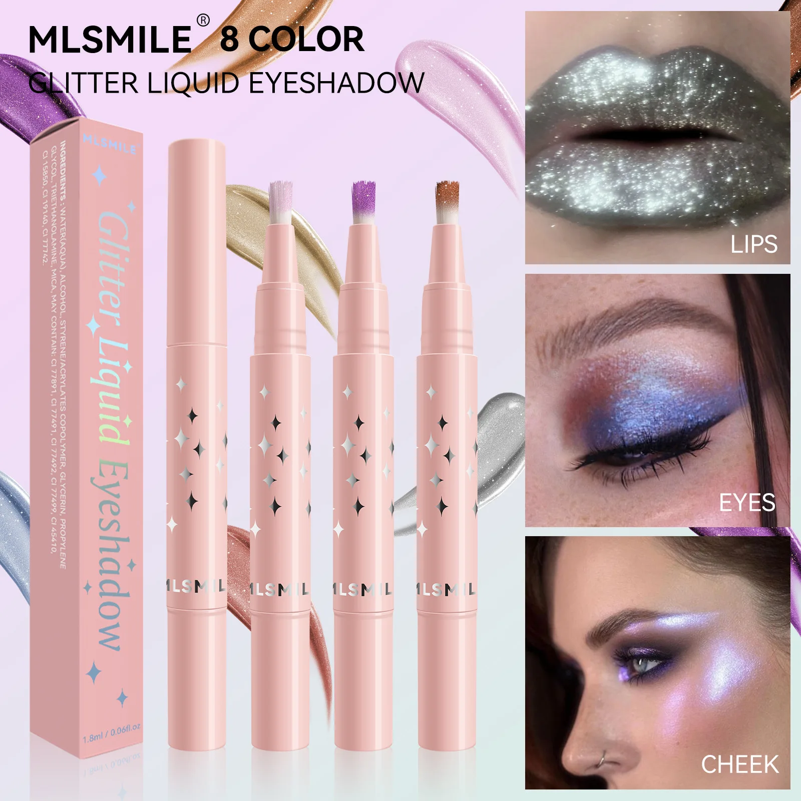 

MLSMILE 8 Color Glitter Liquid Eye Shadow Shine Multi-purpose Highlight Waterproof Non Stick Fashion Party Stage Cosmetics 1.8ml