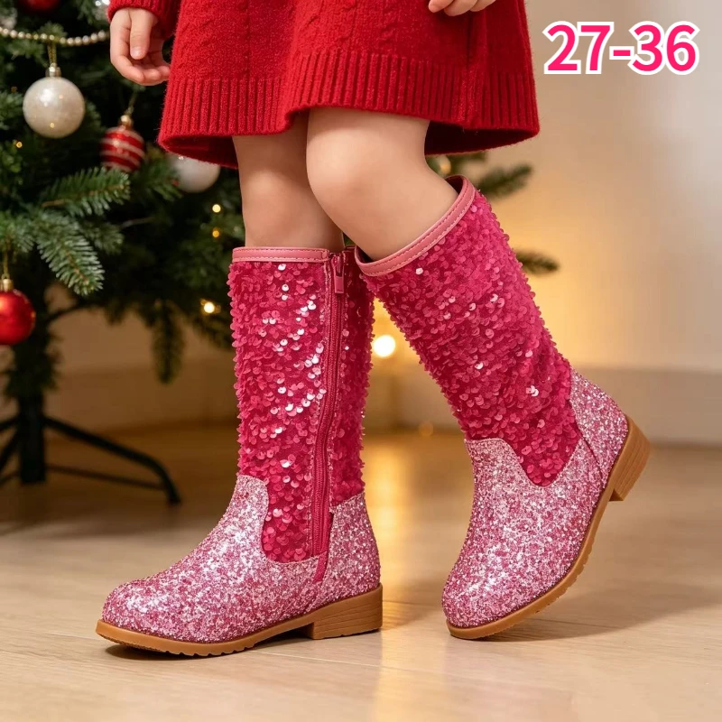 Fuchsia Sequin Girls Boots Glitter Princess Shoes Kids Fall Winter Warm Ankle Booties Children Fashion Footwear Kids Tall Boots