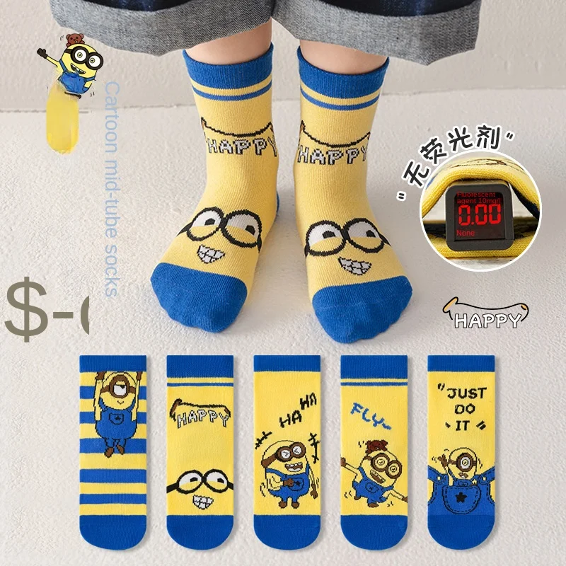 5 Pairs Minions Cotton Kids Anti-Slip Boat Socks Floor Anime Cartoon Comfort Warm Casual Baby Boys Girls Socks for 1-12Years