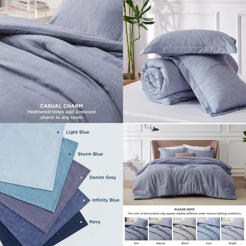طقم لحاف كينج باللون الأزرق الداكن - مفروشات ناعمة مكونة من 3 قطع لجميع المواسم، مصبوغة كاتيونية، لحاف 104x90 و2 شمز