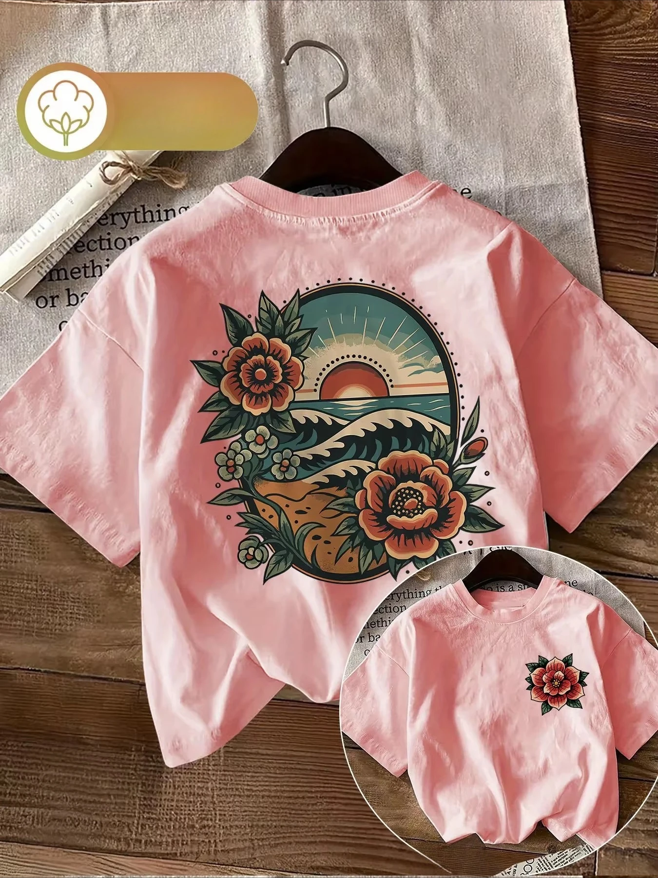 Fashion New Retro Tattoo Style Flower and Ocean Print Men's T-shirt 100% Pure Cotton Casual Sports Fitness Street Wear Plus Size