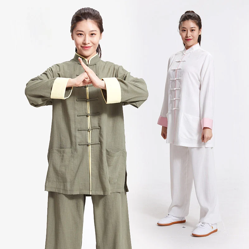 Women's Linen Chinese Tai Chi Uniform for Spring Summer - Martial Arts Practice & Performance Outfit (Unisex) Turn-up Sleeve