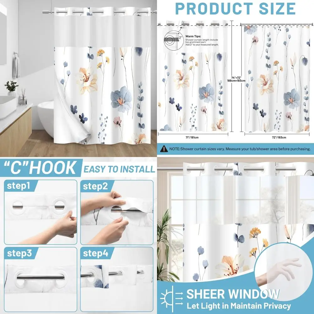 

Занавеска для душа без крючка с защелкой вкладышем - занавеска для душа с акварельным цветочным рисунком - тканевая водонепроницаемая внутренняя подкладка, растения сине-бежевого цвета