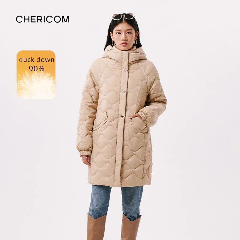 Chericom, chaqueta de invierno con capucha para mujer, ligera, de longitud media, puños a prueba de viento, abrigos informales cálidos con cremallera para oficina para mujer Y299063Y