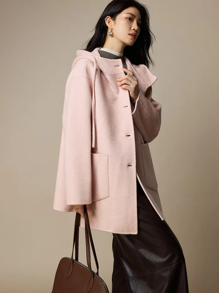 Birdtree، معطف قصير من صوف الأغنام بنسبة 70%، قطع علوية نسائية بغطاء للرأس، صوف مزدوج الجانب، معطف خريف وشتاء 2025، أبيض، رمادي، وردي T5N514JF #6