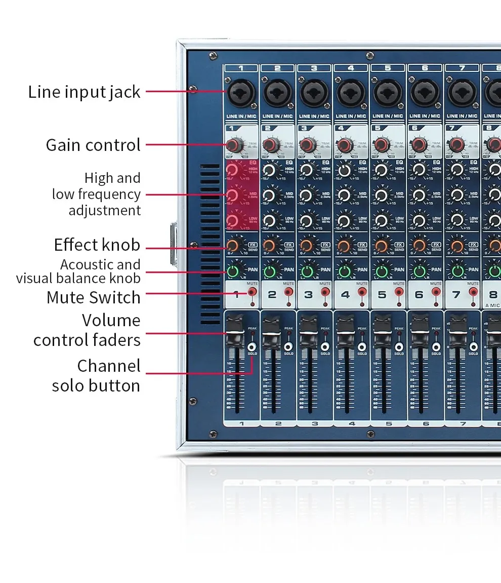 Fuloode XT800 Professional 8/12-Channel Powered Mixer with Built-in Effects, High Power, Flight Case
