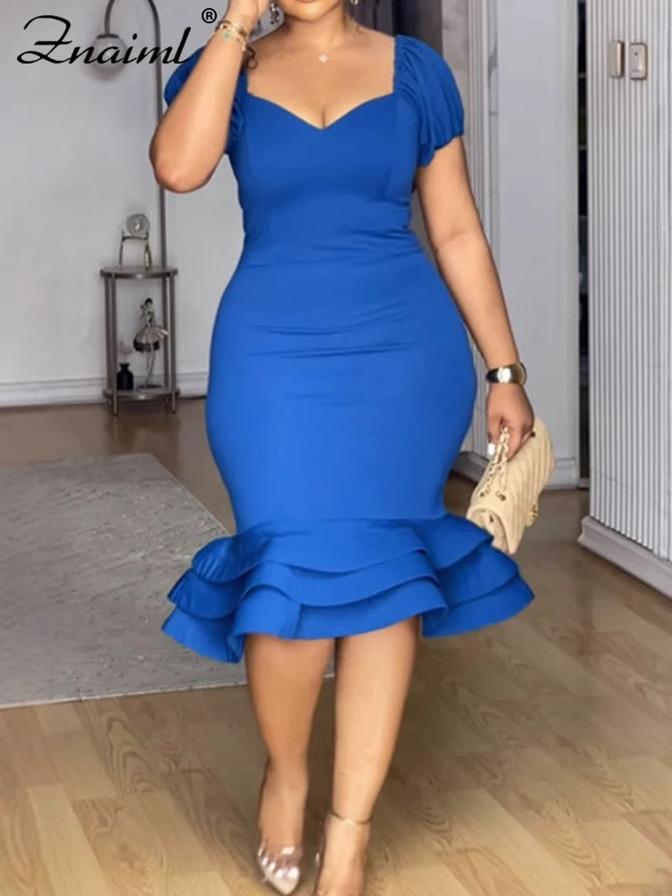 

Znaiml Elegant Blue Ruffle V Neck Short Sleeve Bodycon Dresses Women Slim Spring Office Lady Ruched Birthday Evening Vestidos