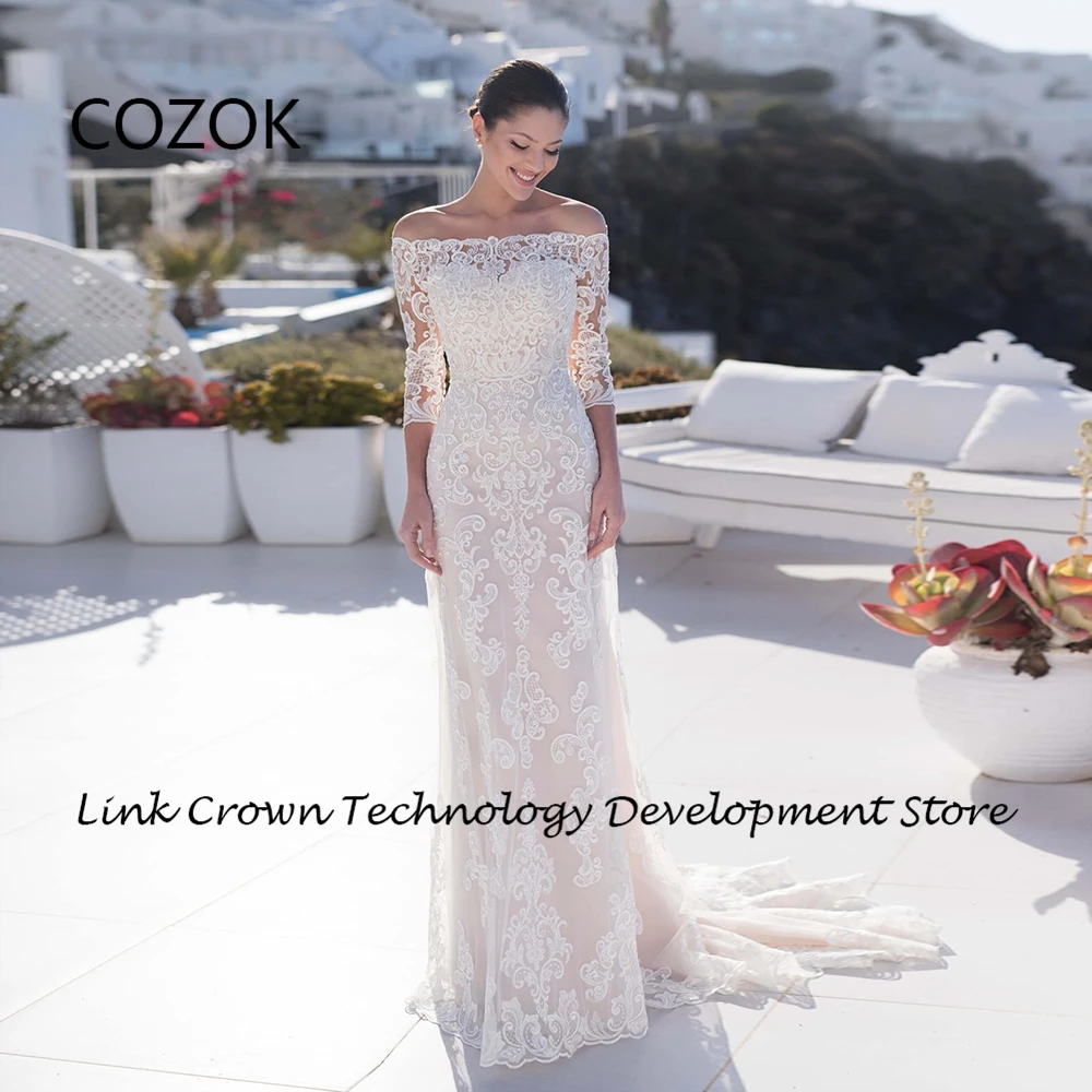 

COZOK Boat Neck Three Quarter Wedding Dresses with Lace Court Train Bridal Gowns for Princess 2024 Summer Vestidos De Novia New