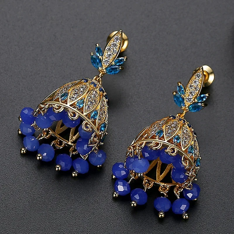 البوهيمي الهندي المرأة كريستال جرس الخرز الزركون قطرة استرخى القرط الزفاف Jhumka العرقية الغجر القبلية أقراط مجوهرات بوليوود #6