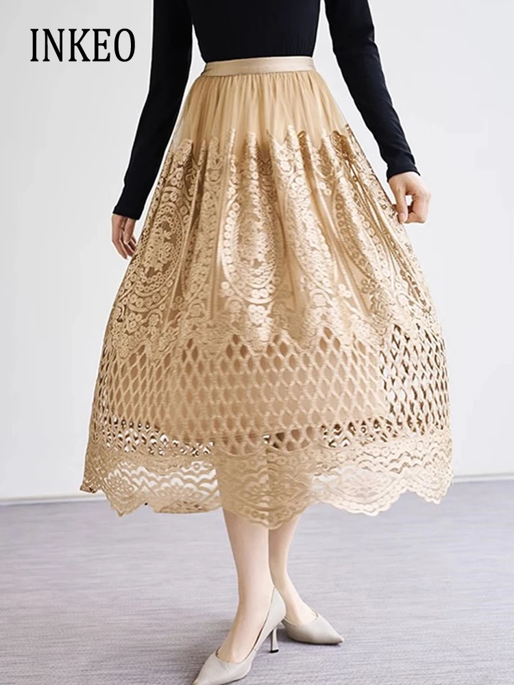 

Elegant Spring Summer Embroidery Lace skirt for women Elastic waist mesh long skirt Solid Fold Midi skirts 2023 Chic INKEO 3B023