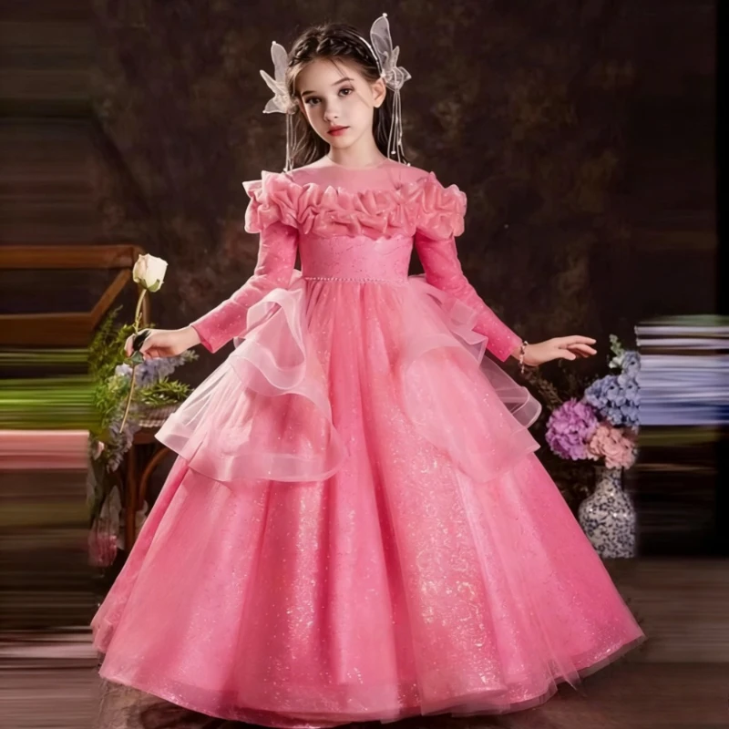 2026 Children Girls Formal Dress Costume New Kids Birthday Piano Performance Princess Gown Flower Girl Host Pageant Party Outfit
