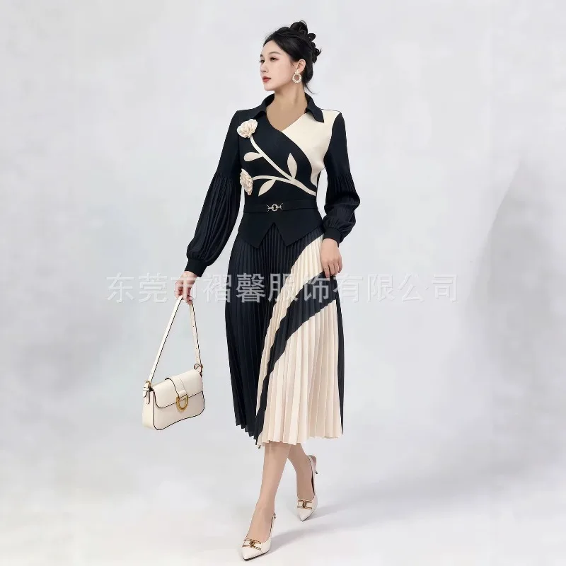 Miyake Pleated 2026 New Spring Autumn Plus Size Color-Block Printed 3D Flower Collar Puff Sleeve Fake Two-Piece Pleated Dress