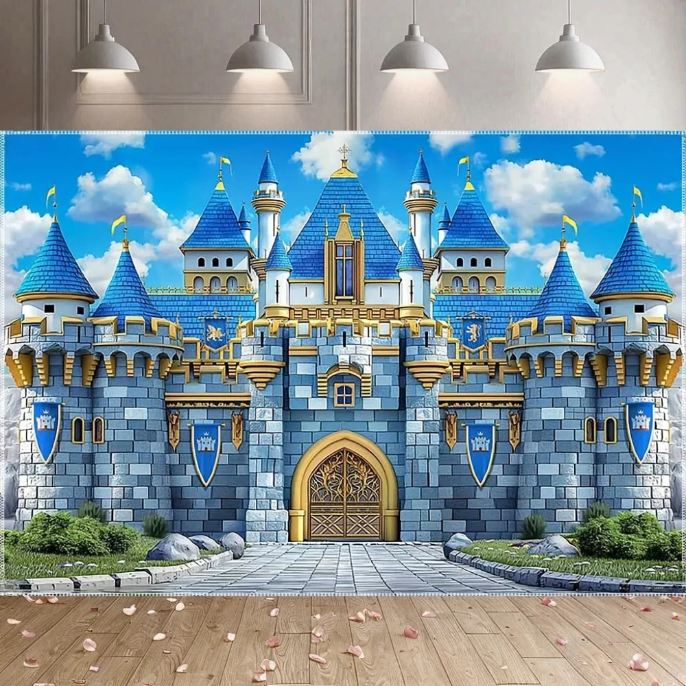 Fondo Temático del Mundo de Juegos Blue Castle Blue Sky White Cloud, Decoración para Fiestas de Cumpleaños Infantiles, Fondo para Fotografía