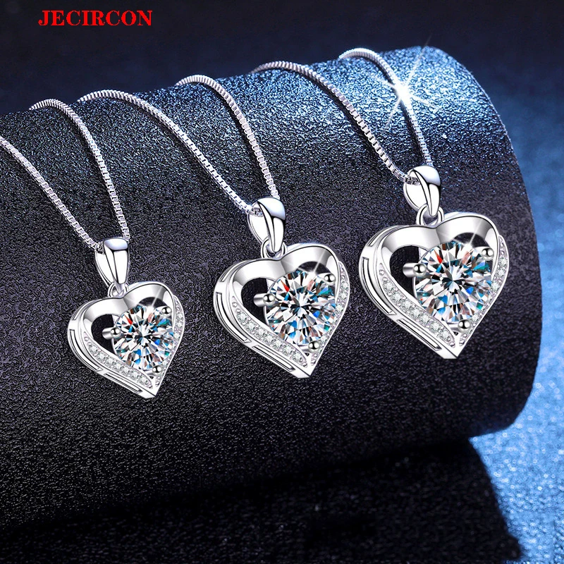 

JECIRCON S925 Sterling Silver Heart Pendant Necklace for Women 1/2/3 Carat Moissanite Sparkling Box Chain Romantic Fine Jewelry