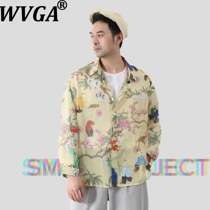 

WVGA Summer New Men Chinese Style Thin Transparent Ancient Style Printed SunProof Nine Sleeve Shirt Niche Casual Tops Ins W25162