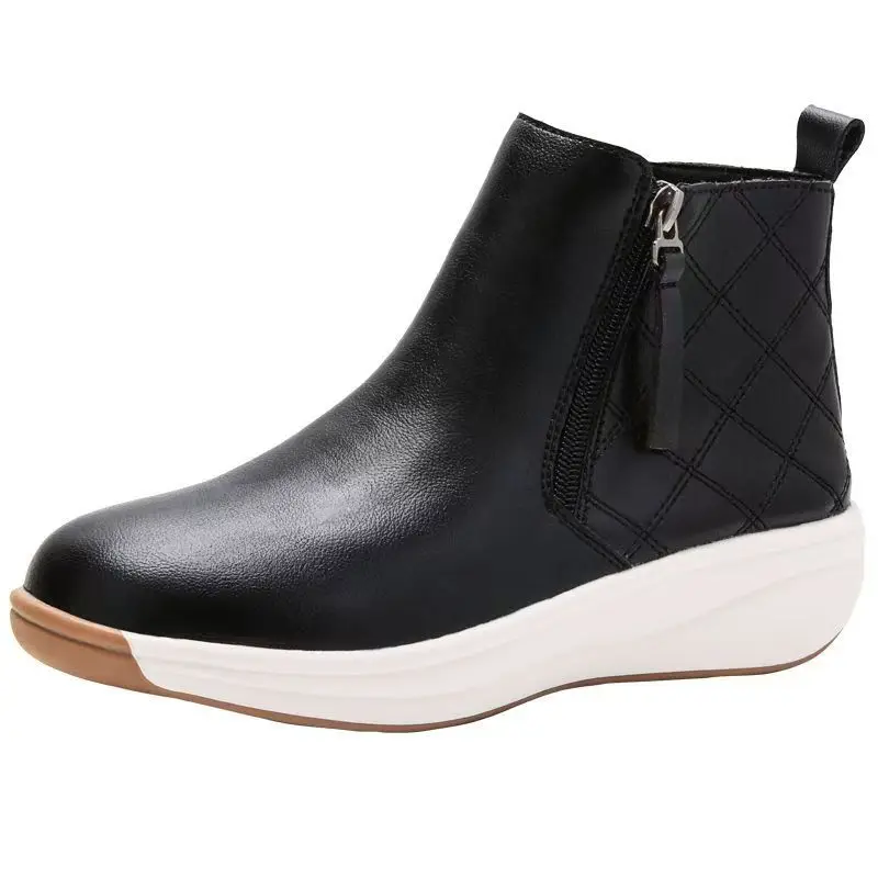 

Женские ботильоны из натуральной кожи на танкетке, весна-осень, новая легкая повседневная обувь на толстой подошве с круглым носком и высоким берцем на боковой молнии