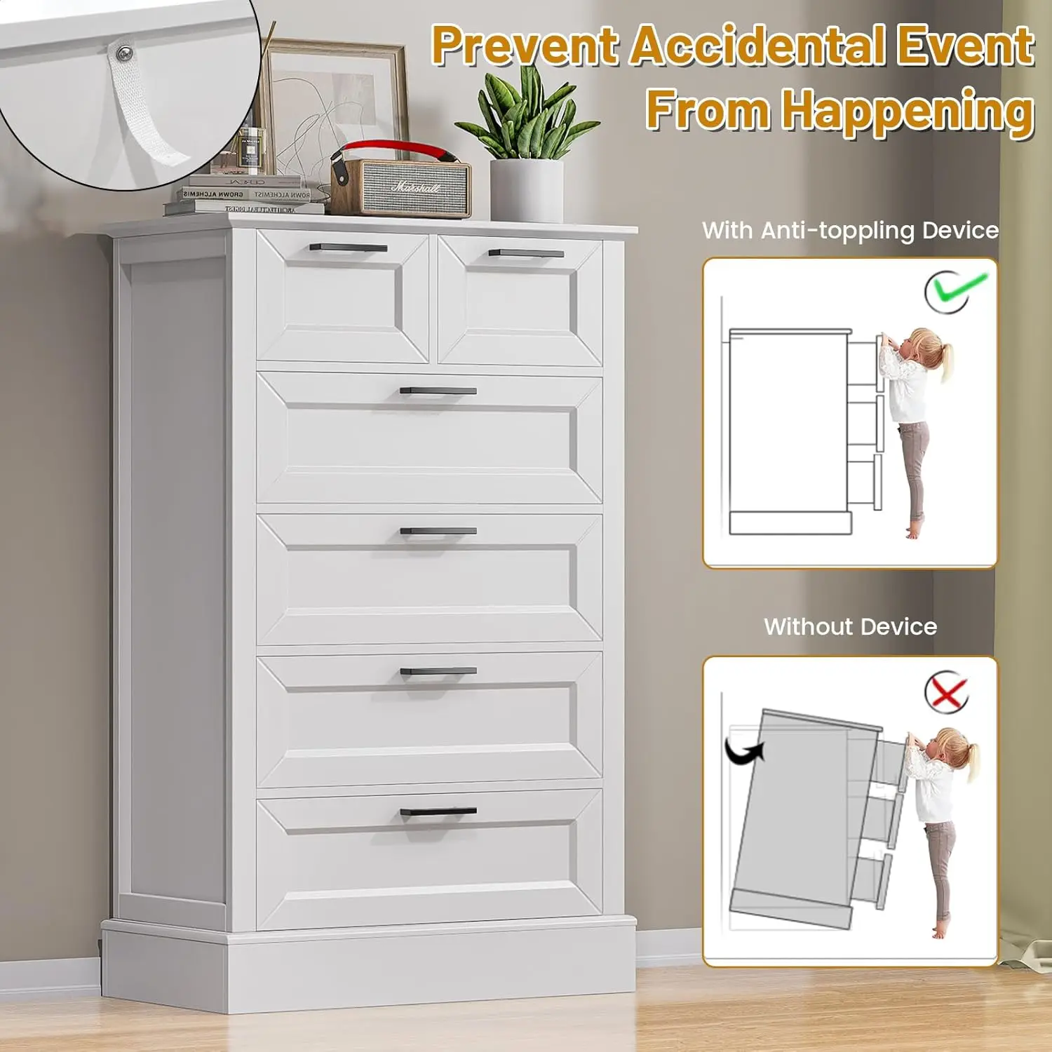 White Dresser with 6 Drawers, Vertical Tall Dresser for Bedroom, Wood Dresser for Hallway, Living Room, Chest of Drawers for Nur