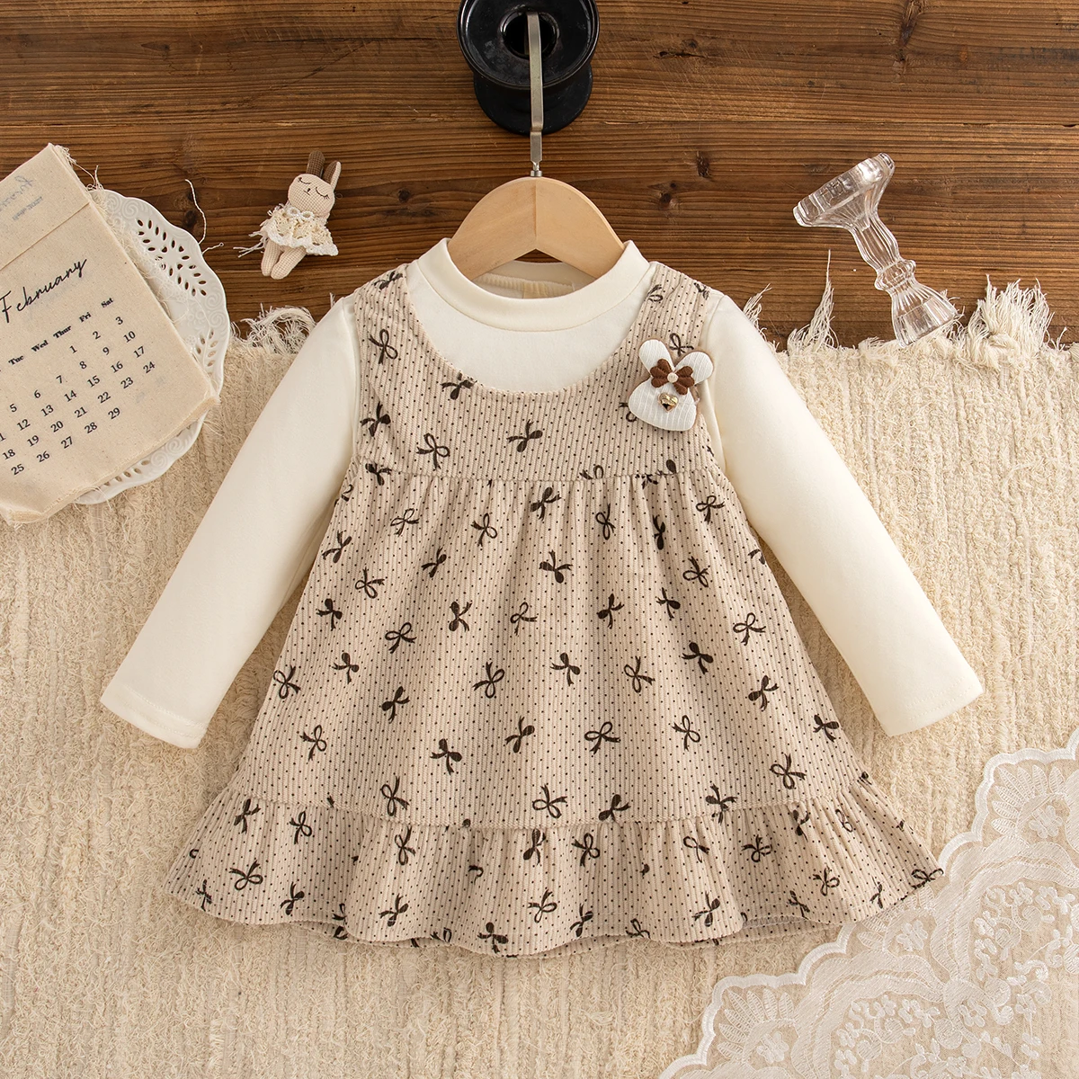 

Baby Girl Clothes Spring And Autumn Cartoon Rabbit And Bow Pattern Fake Two Pieces Baby Girl Dress Cute Casual Girl Kid's Dress