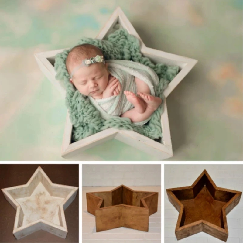 Creative Newborn Photography Props Mini Baby Wooden Bed Baby Shoot Container Five-pointed Star Bed Photo Studio Posing Prop