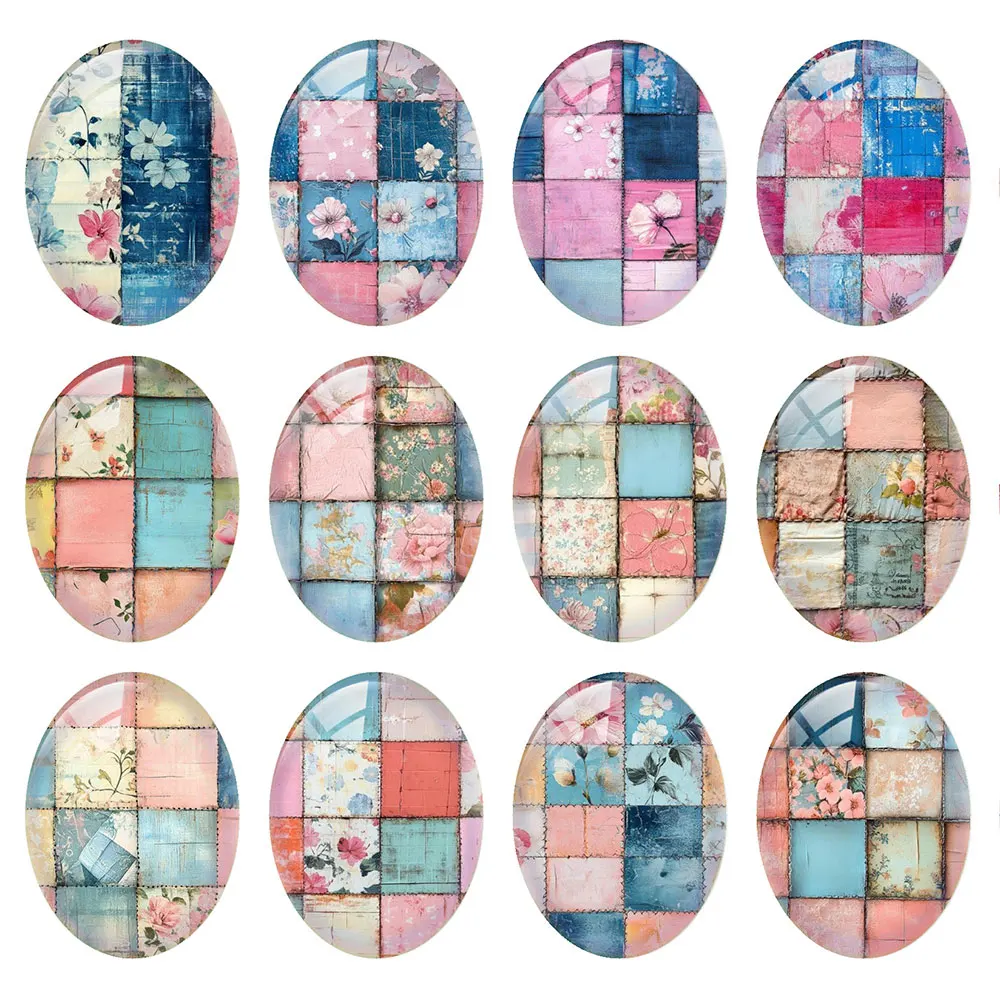 Random Mixed Round/Oval/Square Vintage Patchwork Floral Grid  Photo Glass Cabochon Flatback Demo Cameo For Diy Jewelry Making