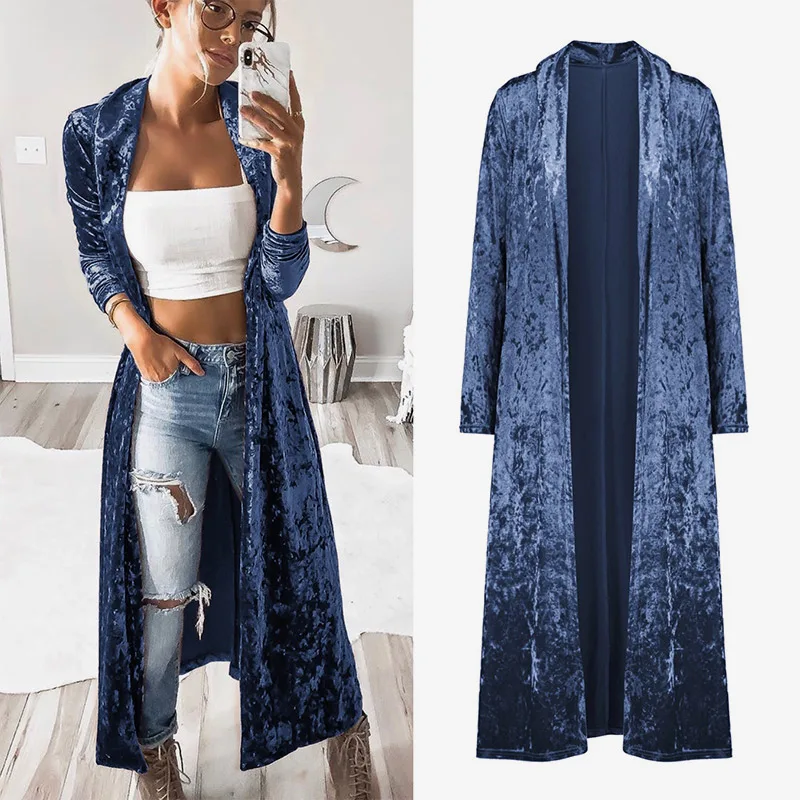 

2023 Long Velvet Kimono Cardigan Windbreaker Women Jacket Pure Color Fashion Long Sleeve Casual Ladies Long Jacket Trench Coat