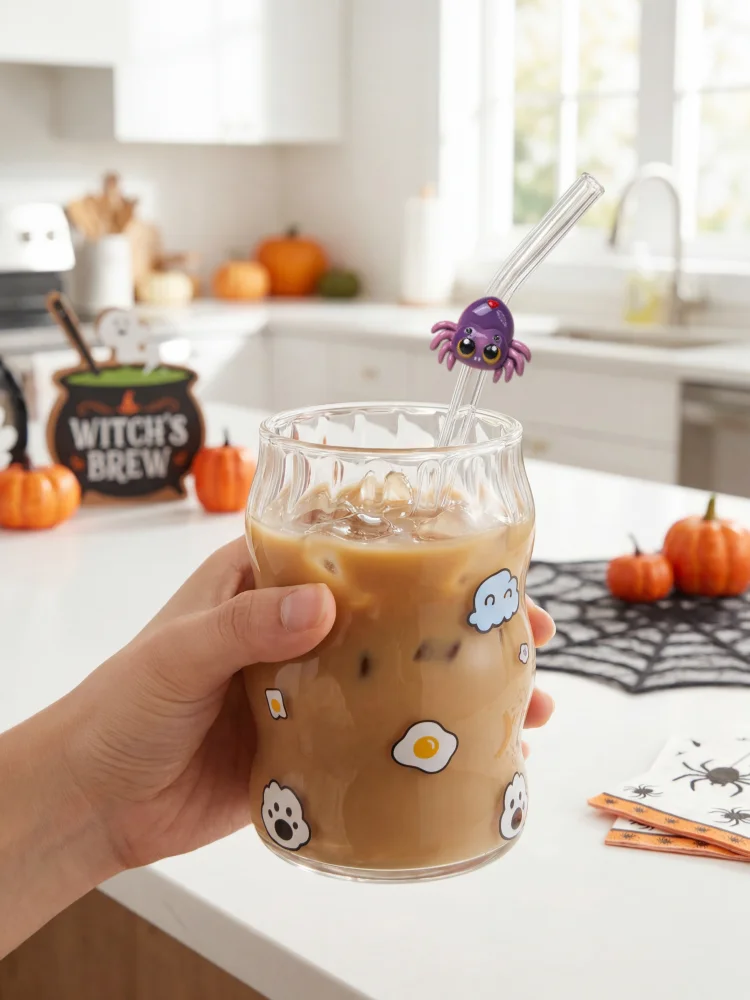 1/2/5PCS Spider Pumpkin Skull Curved Glass Straw for 20oz Tumblers, Spooky Halloween Decor & Holiday Presents