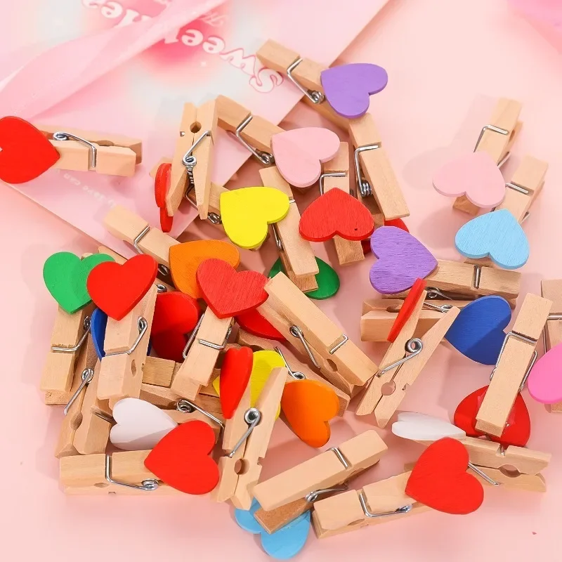 100-10pcs Wooden Colored Love Heart Photo Clip Memo Paper Postcard Photo DIY Clips Cabinets Clothespin Party Wedding Decoration