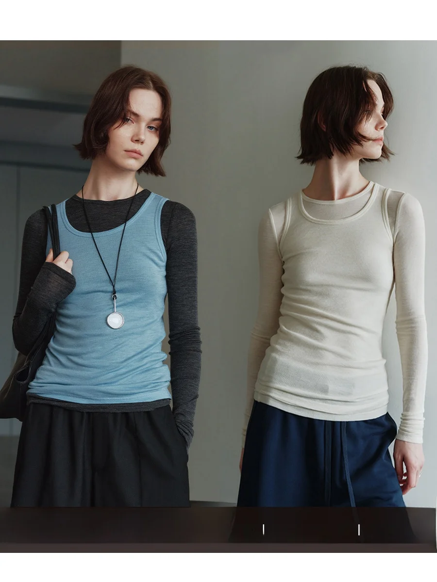 

MSBEAST 20S Beautiful Merino Wool Knitted U-Ne Vest Long Sve T-irt Two-Piece Set Slim Fit Layering Commute Sle Autu...