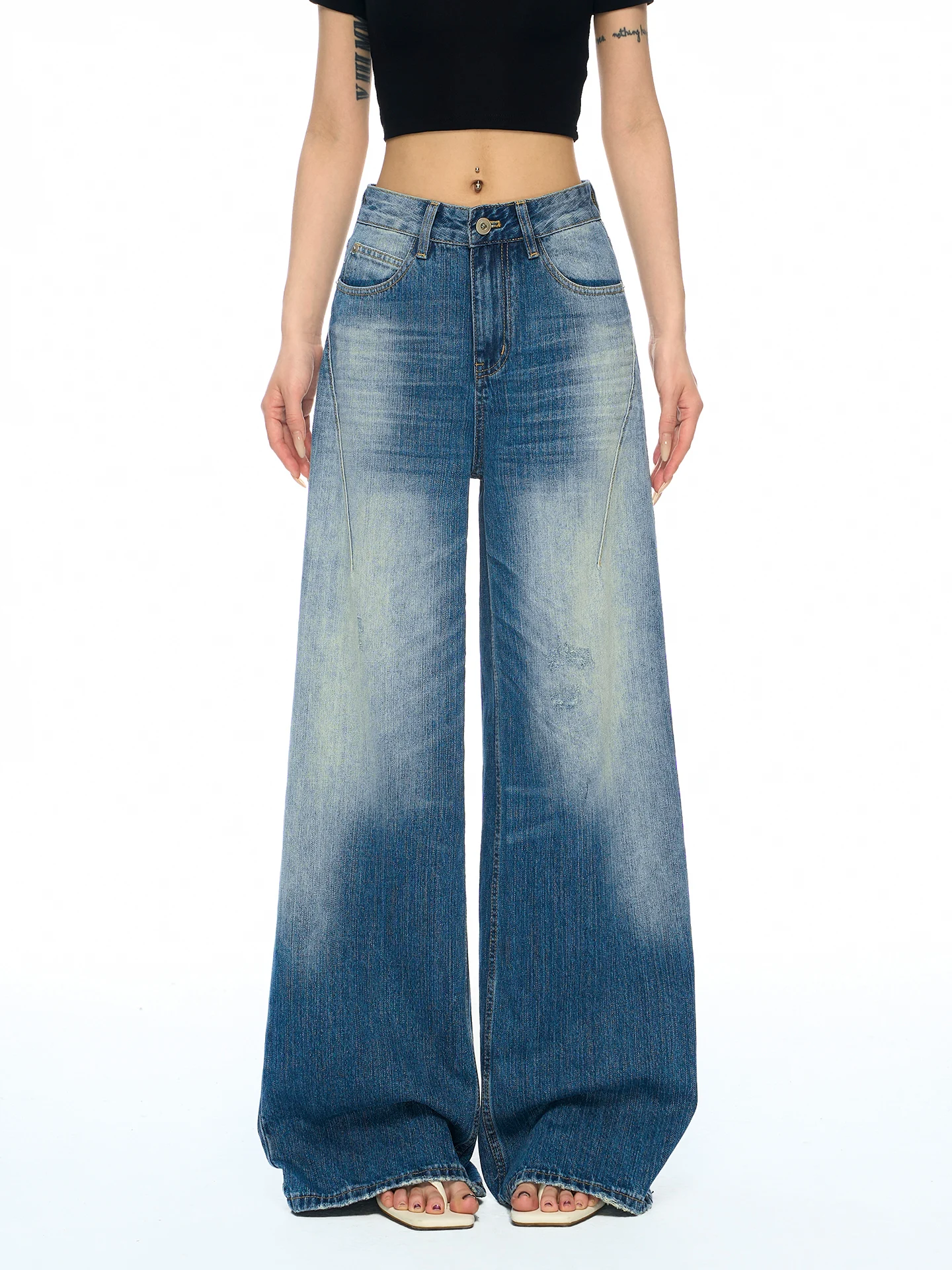 American Style Retro Low Waist Wide Leg Jeans Women Summer Design Sense Drapey Slimming Micro Flared Floor-Length Pants