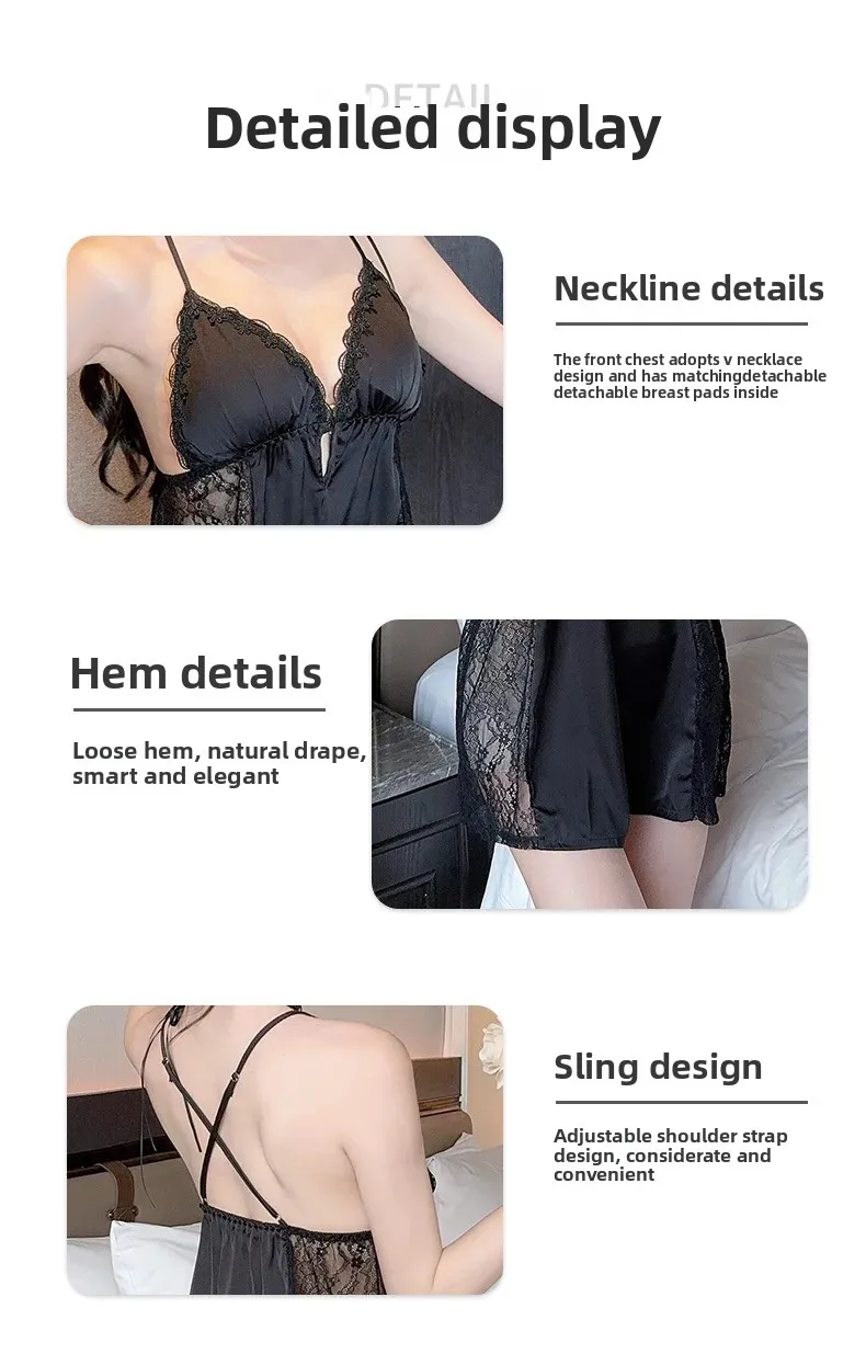 Conjunto de Dos Piezas de Lencería Sexy de Satén con Encaje para Mujer, Camisón de Verano con Relleno en el Pecho, Cuello en V, Ropa de Dormir Cómoda para el Hogar