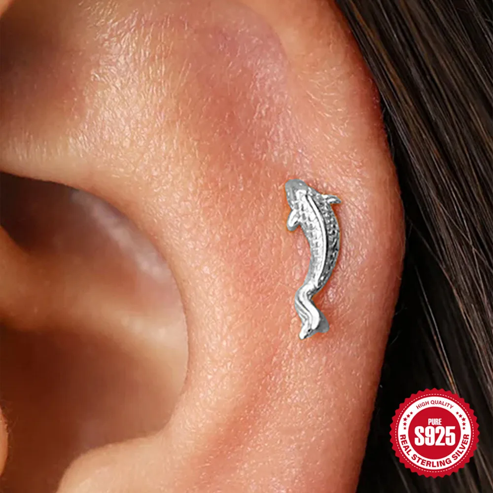 AIDE 1PC 925 Sterling Silber Glück Rot Koi Piercing Ohrring Für Frauen Geometrische Kette Zirkon Ohr Knochen Stud Ohrringe edlen Schmuck – Detail 14