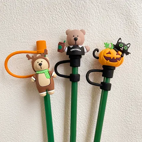 Hallowmas 호박 밀짚 커버 캡 스타 벅스에 적합 7-8mm Sippy 텀블러 컵 실리콘 밀짚 커버 재사용 가능한 먼지 스토퍼