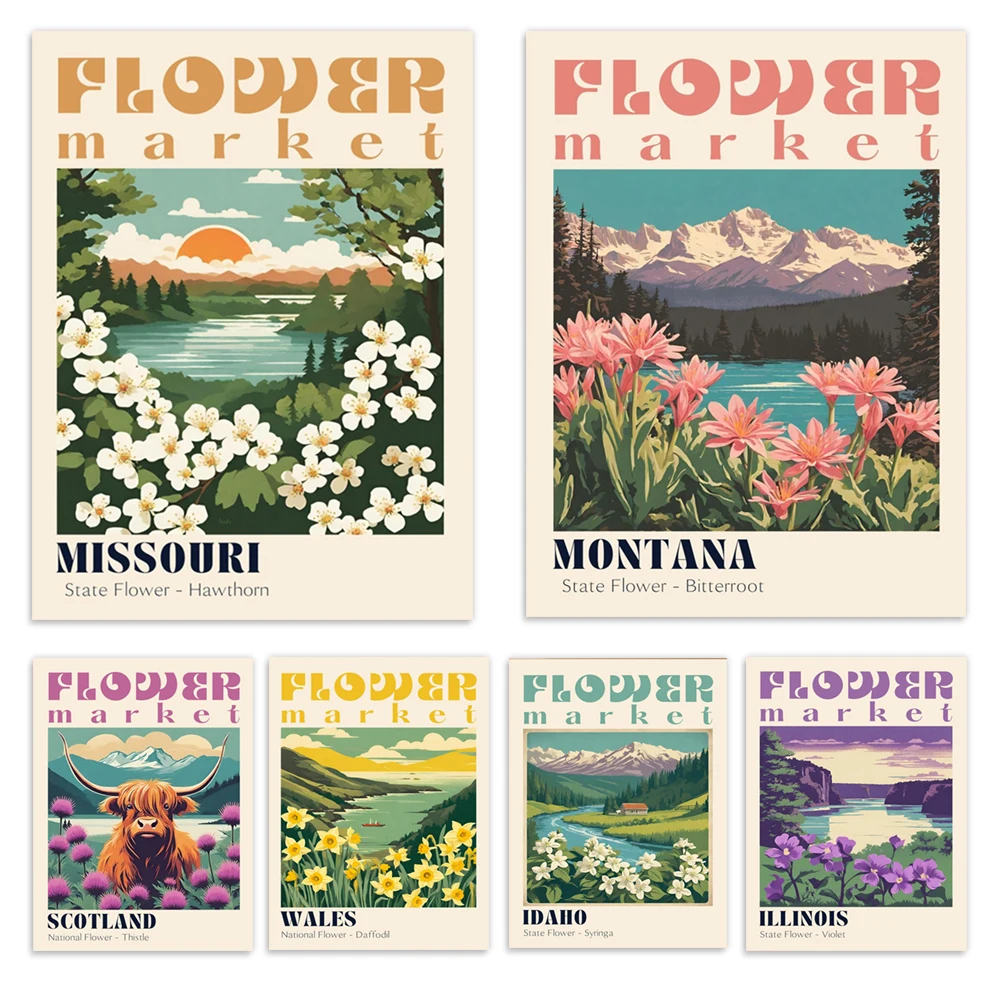 Estampados del mercado de flores de Escocia, Chicago, Gales, Lake Idaho, Arkansas, Matisse, narcisos, lila, carteles del mercado de flores de fantasía