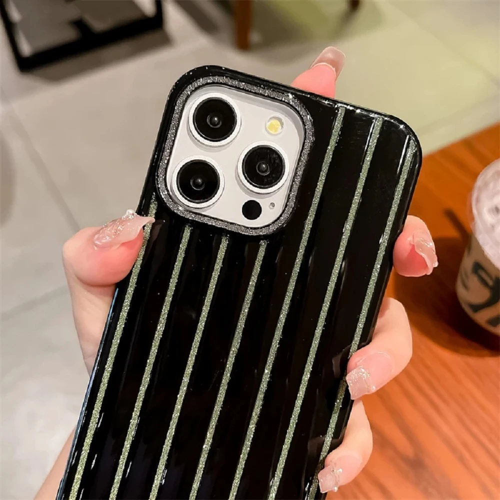ファッションストライプ保護シェルキラキラ光るスマホケースシリコンケース耐衝撃iPhone 16 12 13 14 Plus 15 Pro Max対応