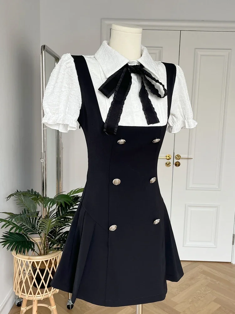 Japanese Preppy Style Elegant Dress Women Bow Y2k Vintage Chic Fake Two Piece Dress Female France Princess Retro Clothes 2024