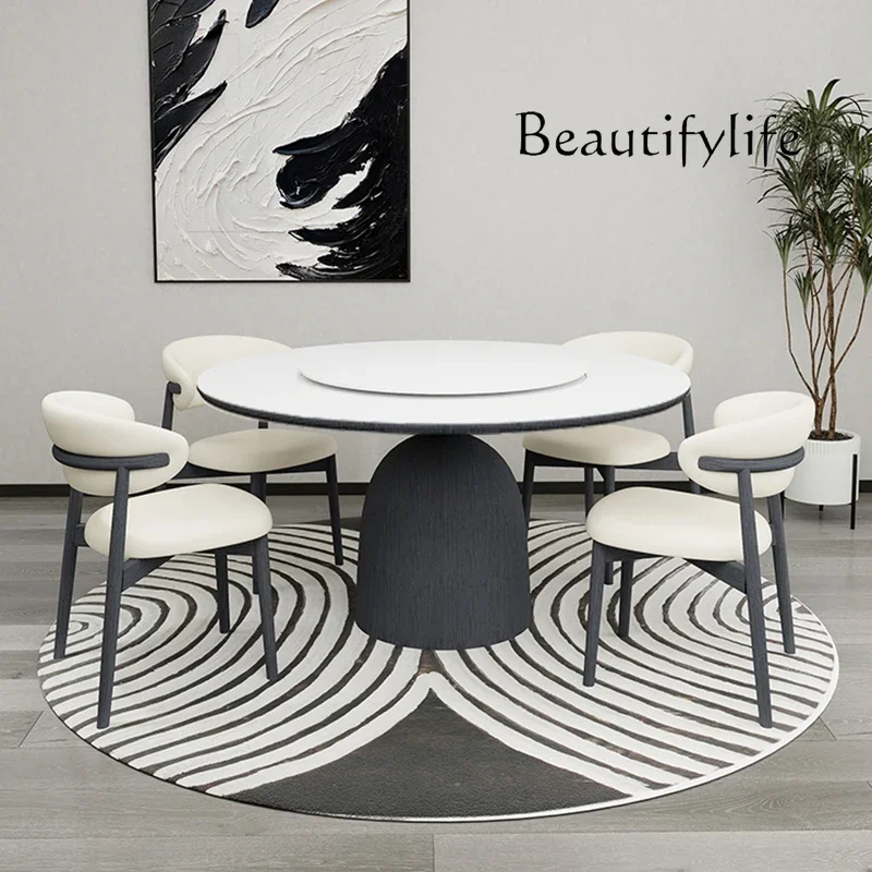 Retro black solid wood round dining table and chair combination simple household wabi-sabi wind rock slab round table