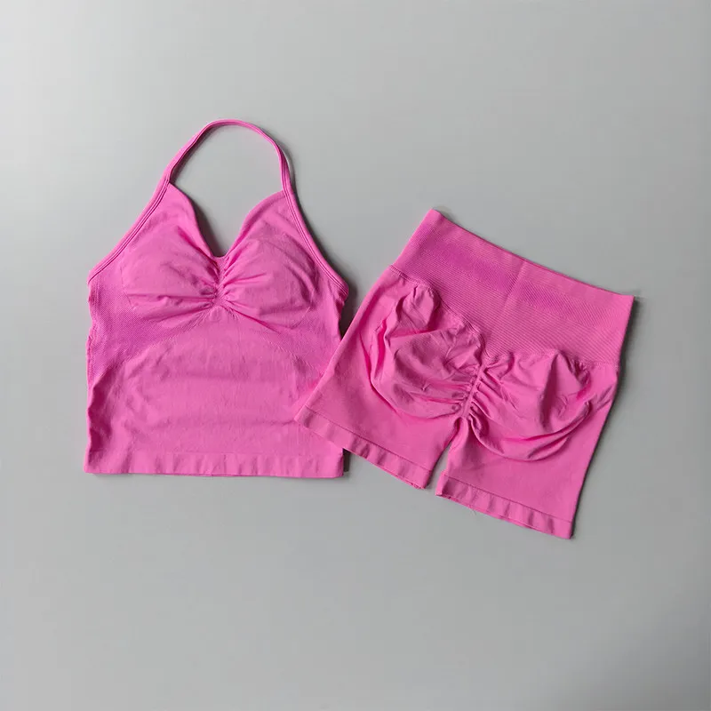 Nahtloses Fitness-Zweiteiler-Set für Damen, hochelastischer gestrickter Sport-BH und Yoga-Shorts-Set, schönes Rückendesign, Po-Lifting-Weste – Detail 3