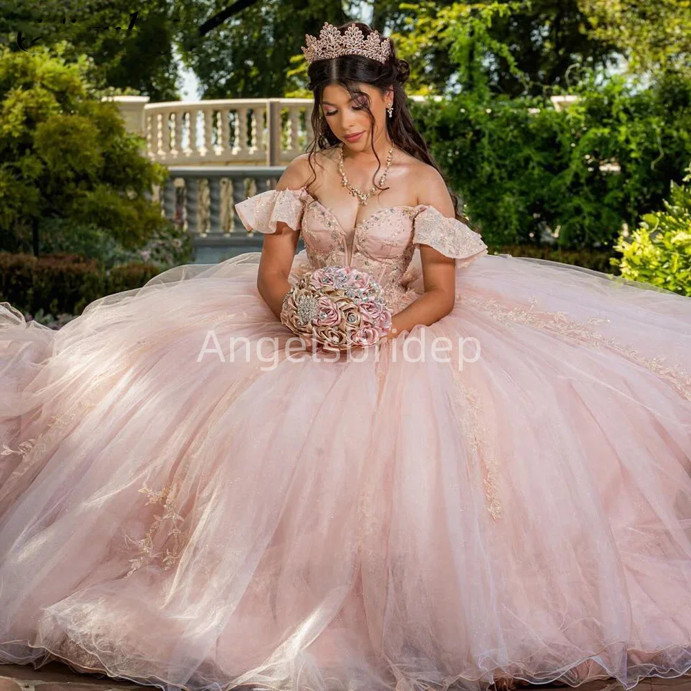 Angelsbide 15 quinceanera ชุดชุดไปงานเต้นรำประดับด้วยลูกปัดเลื่อมสีชมพู2025งานเลี้ยงวันเกิดเม็กซิโก