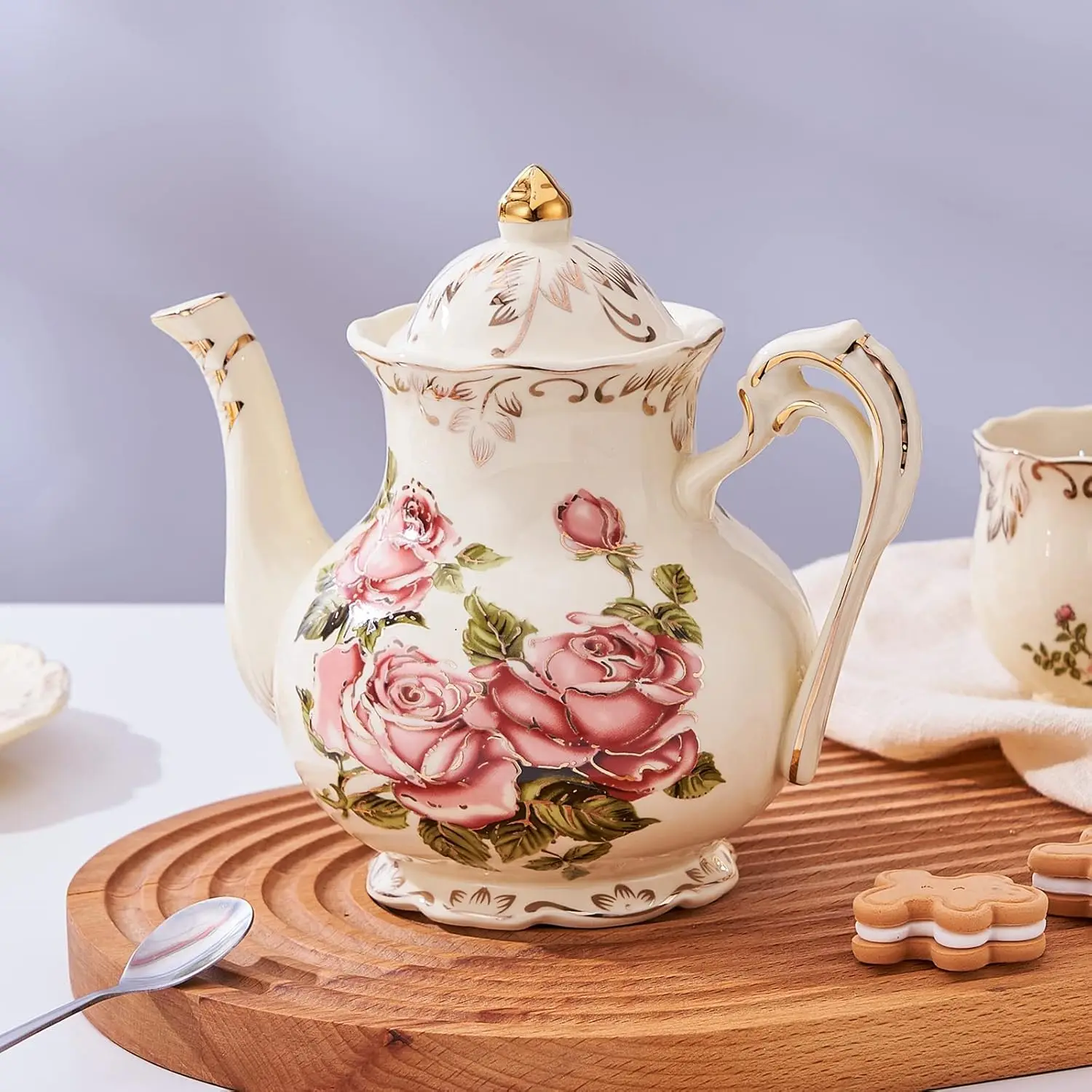 800ml Pink Rose Ceramic Teapot, Ivory Porcelain Coffee Pot, Vintage Floral with Gold Leaves Edge Design, Gift for Women