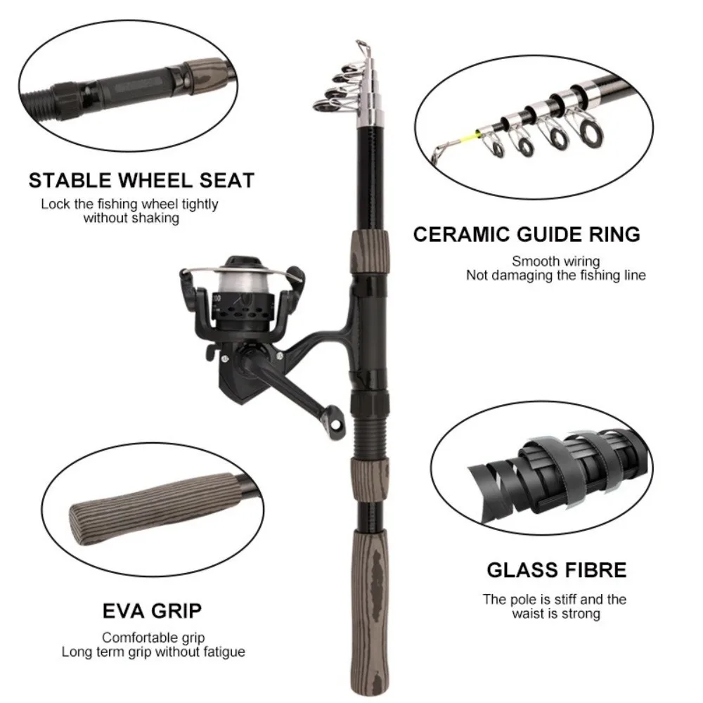 Caña pescar fibra vidrio telescópica con carrete giratorio y aparejos - imagen 3