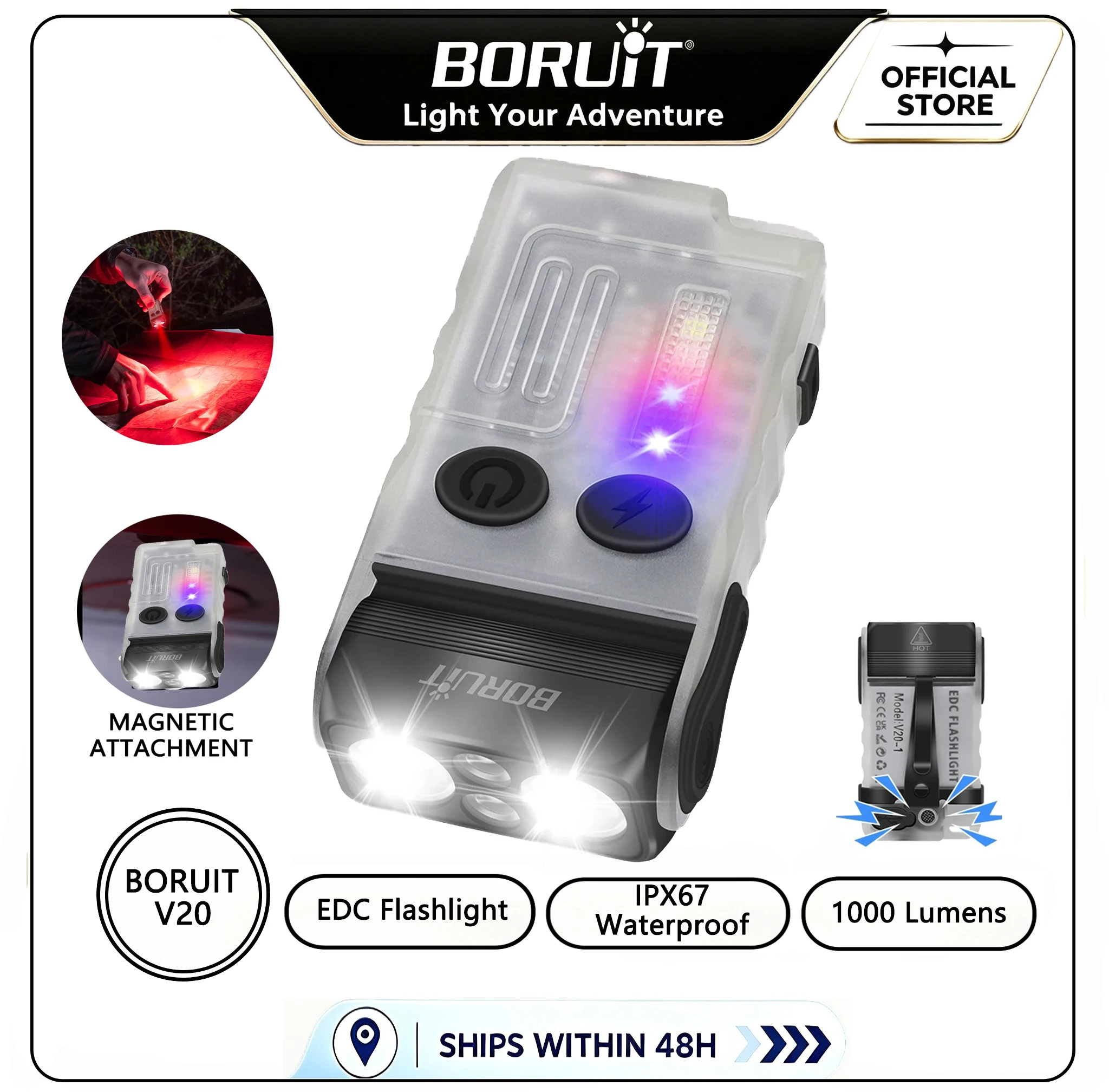 BORUiT V20 Buzzer EDC LED Keychain Flashlight Head Swivels Type-C Rechargeable Work Light Torch with Magnet Camping Lantern