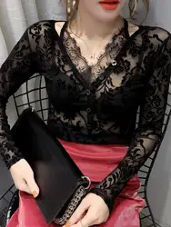 See-through V-neck Long-sleeved Lace Shirt Women in Early Autumn Nightclub Sexy Style Slim Fit Top Flocked Printed Mesh T-shirt