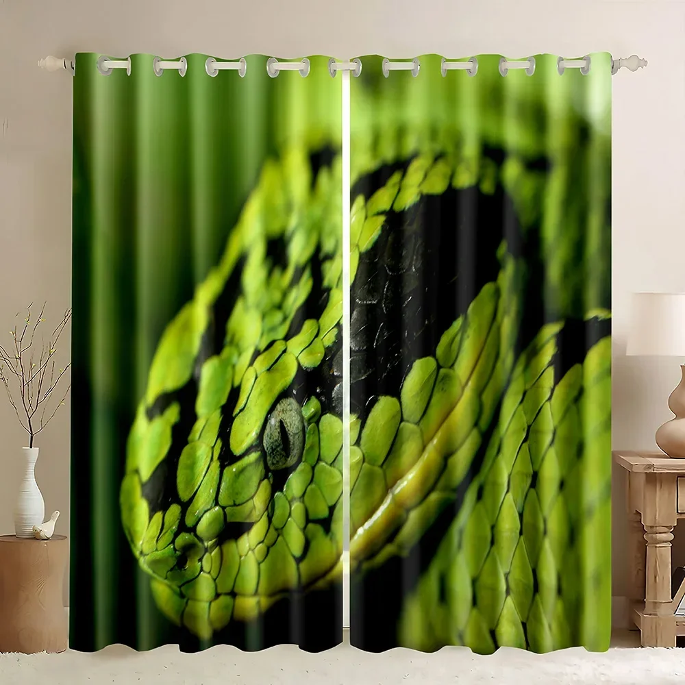Window Curtains 3D Green Green Snake Hanging from Tree Black Background,Wildlife Decor Curtains Wild Animal Blackout Curtains