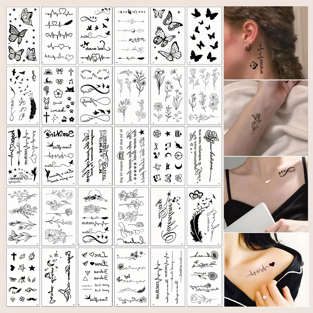 30pcs/pack Black Tattoo Sticker for Women Men Butterfly Plain Flower Text Quote Tiny Pattern Cross Temporary Tattoo Finger Wrist